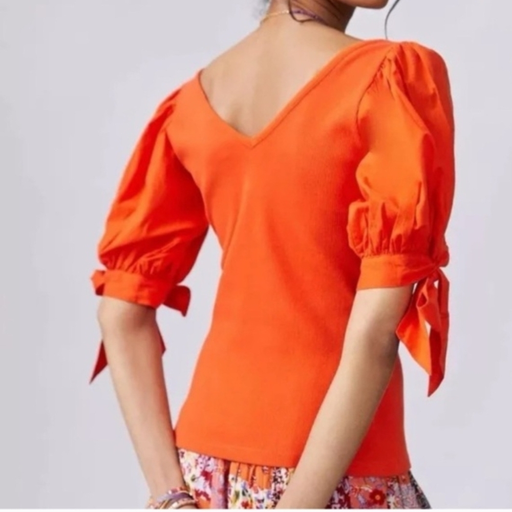 Anthropologie Maeve Puff Sleeved With Tie Orange Top. Sz S